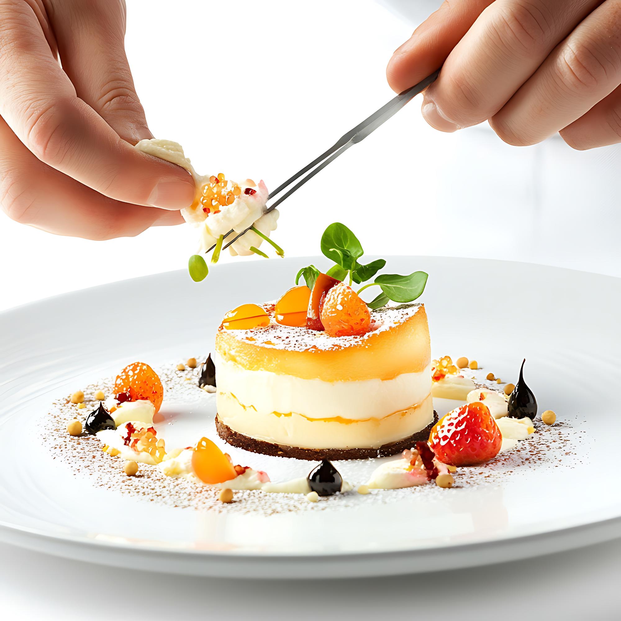 Close-up of hands plating a dessert with gold leaf