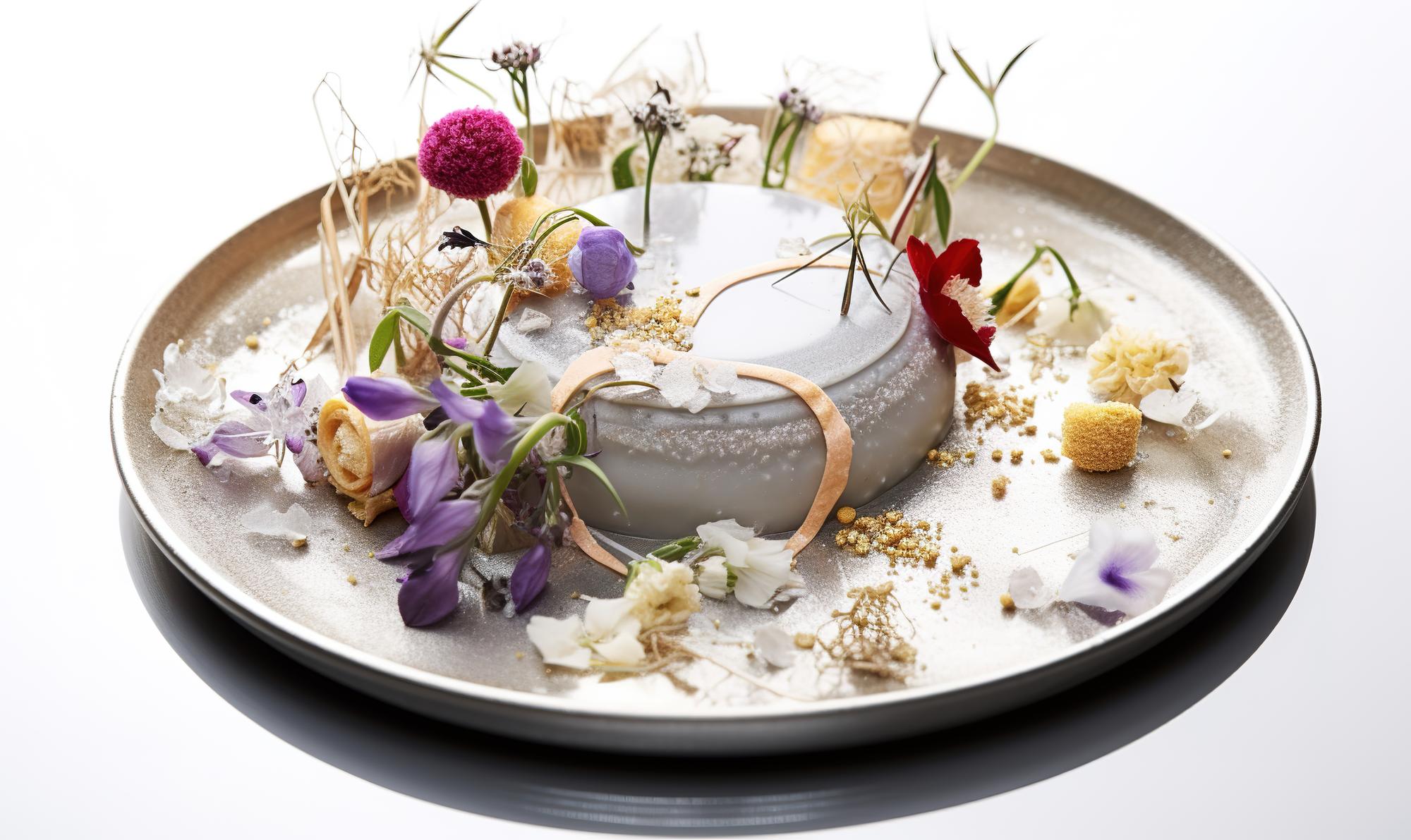 Elegant dessert with edible flowers